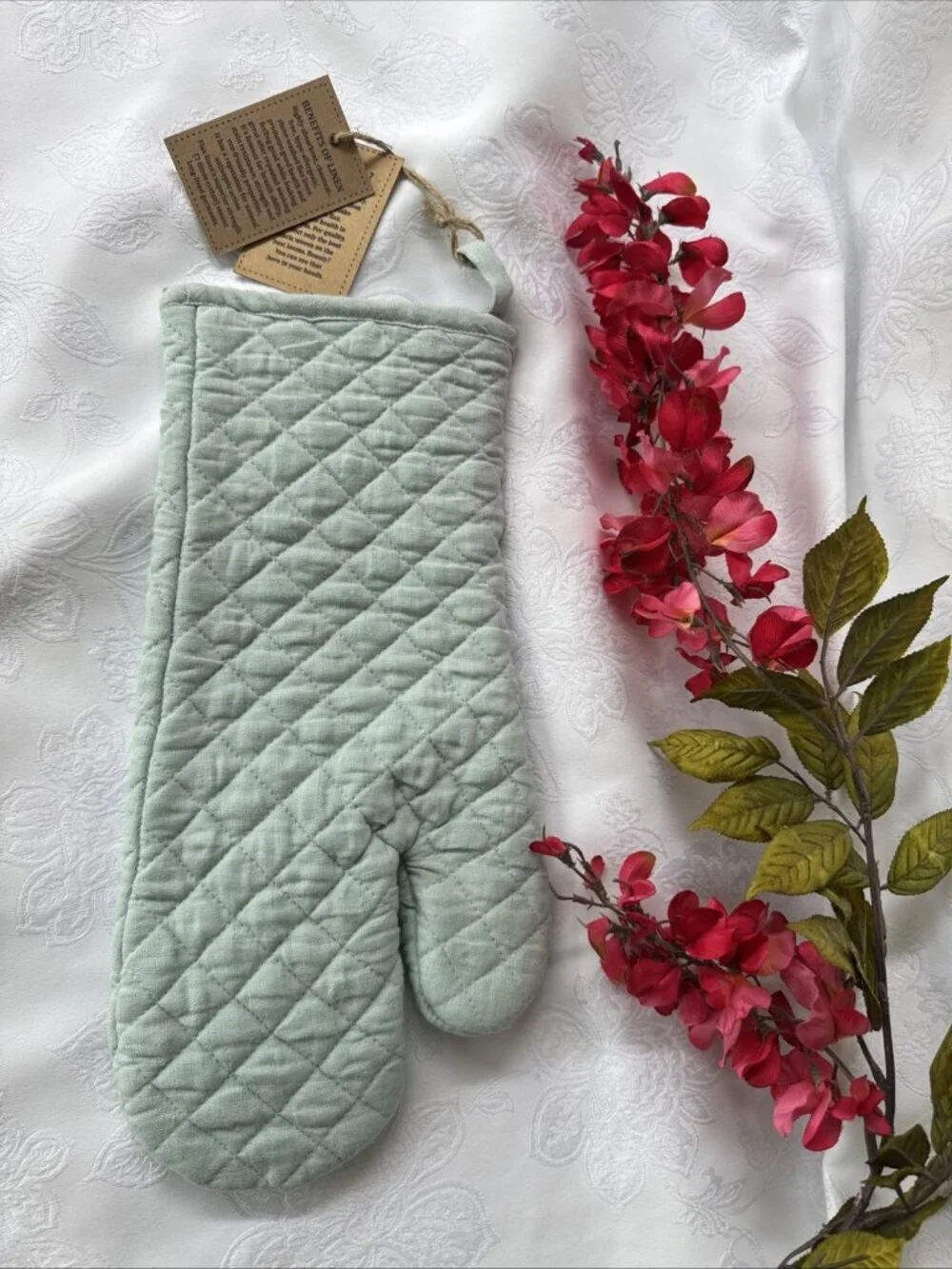 Vikolino Sea Blue Green Linen Quilted Oven Glove Machine Washable 12.5